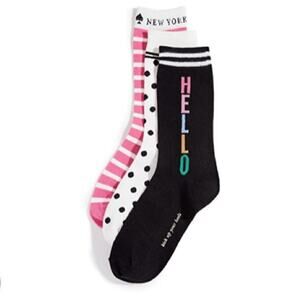 KATE SPADE Set of 3 Pack Solid Stripe Polka Dot Hello Pink Black White NWT New